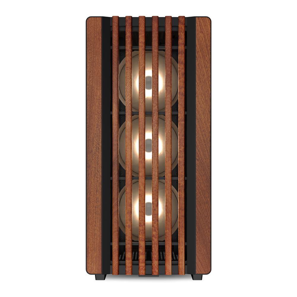 Vista frontale del PC professionale CAD con ventole RGB e griglia in legno. Prestazioni elevate per applicazioni di design e ingegneria. Vista frontale del PC professionale CAD con ventole RGB e griglia in legno. Prestazioni elevate per applicazioni di design e ingegneria.